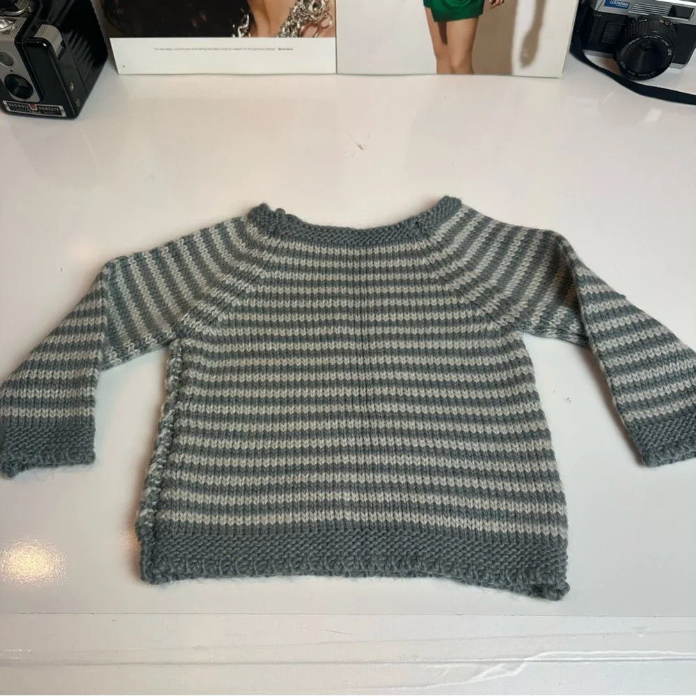 Hand-Knit Baby Sweater | Gray White Stripe · Button Shoulder · 6–9M